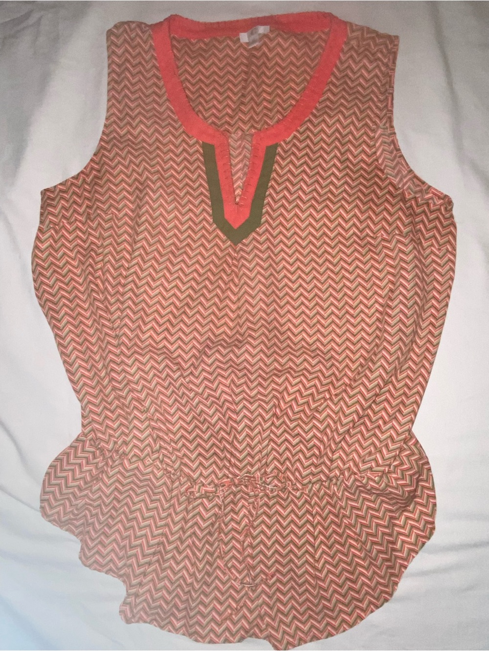 C Coral Chevron Peplum Tank with Olive Trim